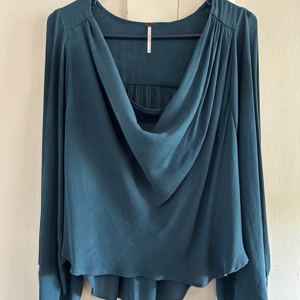 Free People Cowling Around Deep Green Blue Blouse Sexy Professional Size XS